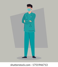 paramedic using face mask during covid 19 vector illustration design