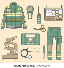 Paramedical uniform and first help equipment set and medical instruments.