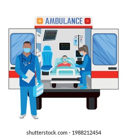 Paramedics assist a patient in an ambulance. The patient is connected to a ventilator. Thanks to the doctors and nurses. Urgent hospitalization. Vecton illustration.