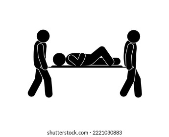 paramedics carry casualty on stretcher, stick figure man icon