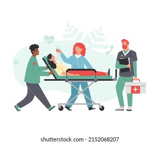 Paramedics deliver seriously ill patient to hospital and provide medical assistance during transportation, flat cartoon vector illustration isolated on white background.