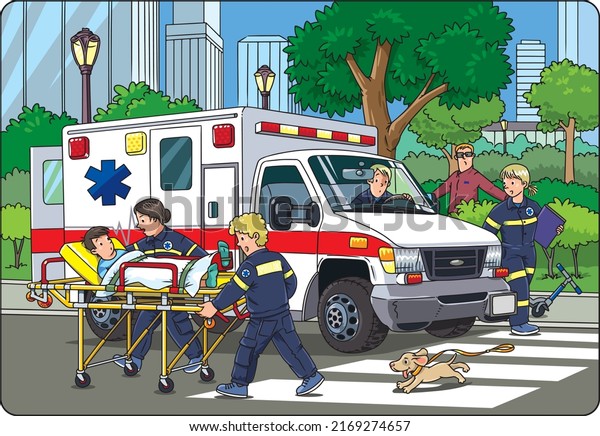 Paramedics and doctor take the\
patient to the ambulance. Children vector black and white\
illustration