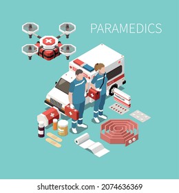 Paramedics isometric background with people providing first aid drone delivers parcel with medicines vector illustration