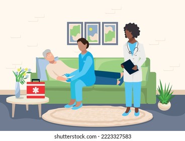 Paramedics provide medical care to an elderly patient at home. Call an ambulance at home. Thank you doctors and nurses for saving lives. Vector illustration.