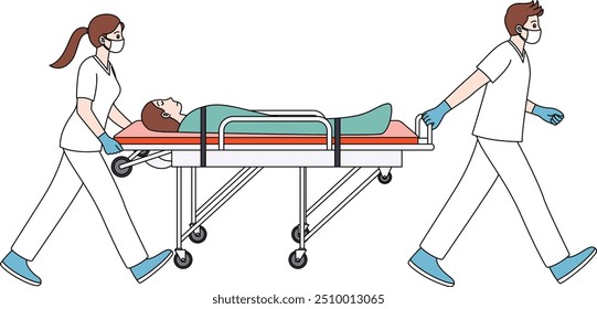 Paramédicos estão puxando um paciente em uma maca. Clip-art desenhado à mão no dia do trabalho