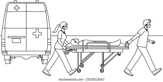 Paramédicos estão puxando um paciente em uma maca de contorno colorida página. Clip-art desenhado à mão no dia do trabalho
