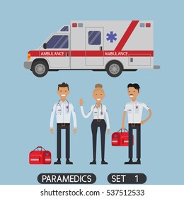 Paramedics rescue team workers. Emergency medical help team. Ambulance car