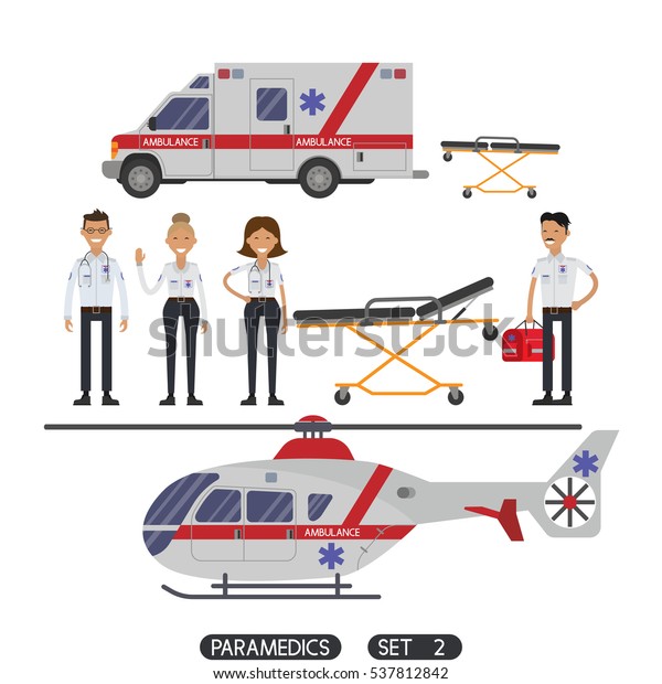 Paramedics rescue team workers. Emergency\
medical help team. Ambulance car,\
helicopter