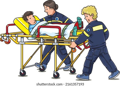 Paramedics take the patient to the ambulance on a stretcher. Children vector illustration