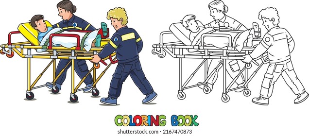 Paramedics take the patient to the ambulance on a stretcher Coloring book. Children vector black and white illustration with colored version