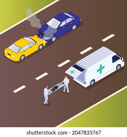 Paramedics taking car accident victim ot an ambulance 3d isometric vector illustration concept for banner, website, landing page, ads, flyer