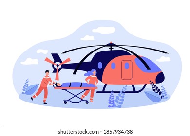 Paramedics wheeling gurney with person to ambulance copter. Vector illustration for emergency, air evacuation, medical transport concept