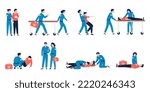 Paramedics at work, save and reanimation people. Rescue paramedic and ambulance, man in accident. Help health service, first aid recent vector characters