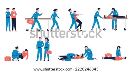 Paramedics at work, save and reanimation people. Rescue paramedic and ambulance, man in accident. Help health service, first aid recent vector characters