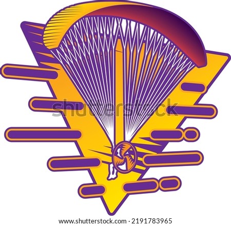 Paramotor community with triangular symbol in the wind dynamic extreme flying sport yellow and purple color