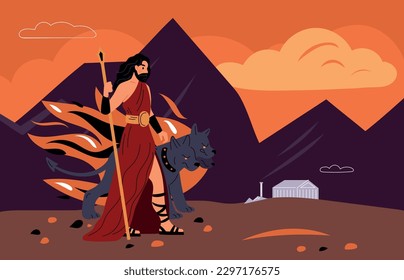 Paramount Greek god. Cartoon Hades character. Cerbero dog with heads. Ancient mythology divine person. Mountain landscape. Mythological Roman Pluto. Greece deity. Garish