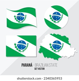 Paraná - Paraná Brasil conjunto de vectores marca mapa y bandera de círculo
