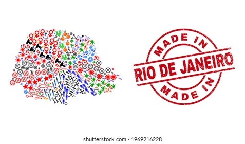 Parana State map mosaic and textured Made in Rio De Janeiro red circle stamp. Made in Rio De Janeiro stamp uses vector lines and arcs. Parana State map mosaic includes gears, homes, wrenches, suns,