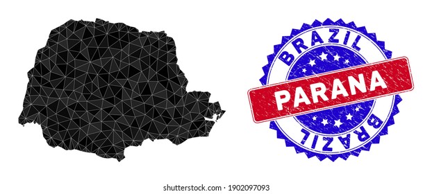 Mapa de malla poligonal del estado de Paraná con triángulos rellenos y precinto de goma bicolor raspado. Mapa de estado de paraná de mosaico triangular con modelo vectorial de malla, triángulos con tamaños y posiciones variables,