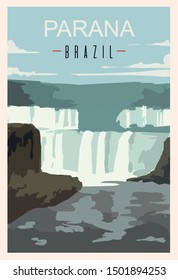 Parana waterfall retro poster. Parana travel illustration. States of Brazil greeting card. 