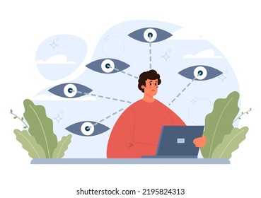 Paranoia concept set. Human's irrational inner fears and panic. Mental disorder, feeling of threat and danger. Psychology and mental therapy. Flat vector illustration