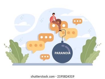 Paranoia concept set. Human's irrational inner fears and panic. Mental disorder, feeling of threat and danger. Psychology and mental therapy. Flat vector illustration