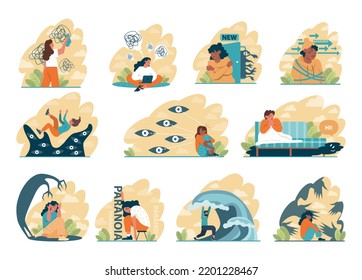 Paranoia concept set. Human's irrational inner fears and panic. Mental disorder, feeling of threat and danger. Psychology and mental therapy. Flat vector illustration