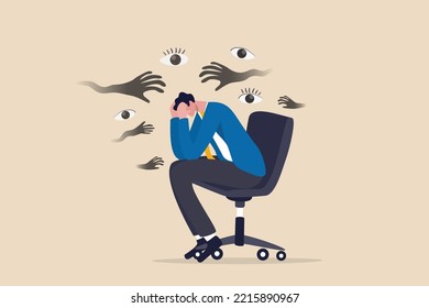 Paranoia, fear and panic cause by mental health, phobia or disorder from mental disorder, depression from stress and anxiety concept, paranoia businessman sitting on a chair with creepy hand and eyes.