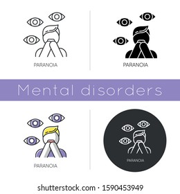 Paranoia Icon. Panic Attack. Fear And Phobia. Terrified Man. Stress And Anxiety. Delusion And Irrationality. Mental Disorder. Flat Design, Linear And Color Styles. Isolated Vector Illustrations