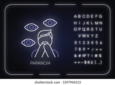 Paranoia neon light icon. Panic attack. Scared person. Fear, phobia. Terrified man. Stress and anxiety. Mental disorder. Glowing sign with alphabet, numbers and symbols. Vector isolated illustration