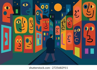 paranoia pânico ansiedade conceito, homem sentir ser observado por olhos sociais em cidade noite urbana, câmera de segurança, arte vetorial