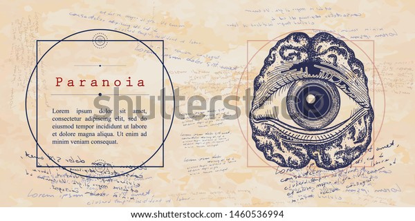 Paranoia. Psychological vector illustration. Brain and\
all seeing eye. Psychotherapy and psychiatry. Medieval medicine\
manuscript 