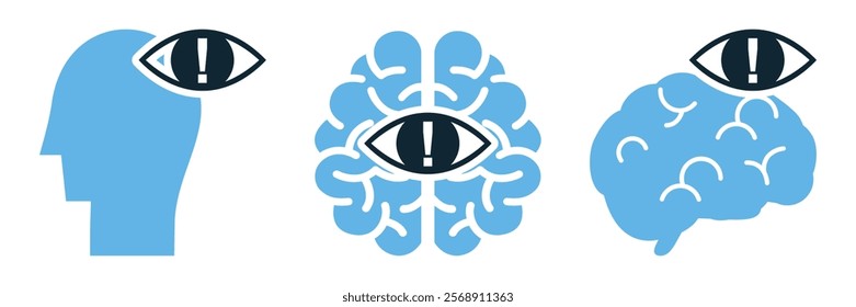 Paranoia psychology icon vector illustration featuring head and brain symbols with alert eye icons, representing mental health, awareness, and cognitive fear concepts.