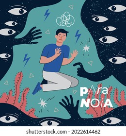 Paranoia schizophrenia mental illness abstract banner. Visualization human psychosis thinking and anxiety or fear emotion. Paranoid mind health issues. Psychiatry and psychology disease vector poster