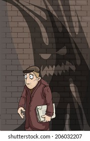 Paranoid stressed man, with shadowy problems flowing him, vector illustration