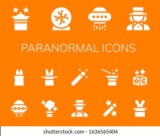 paranormal icon set. 14 filled paranormal icons.  Simple modern icons such as: Magic, Crystal ball, Ufo, Magician