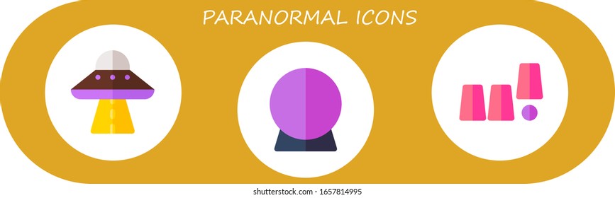 conjunto de iconos paranormales. 3 iconos paranormales planos. Incluye ufo, bola de cristal, iconos de truco mágico