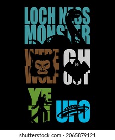 Paranormal Lettering. Werewolf and zombies Typography. UFO and Yeti letters. Loch Ness monster and ghost Silhouette of in text