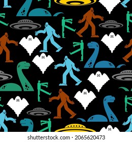 Paranormal monsters pattern seamless. Werewolf and zombies. UFO and Yeti. Loch Ness monster and ghost. monster background