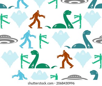 Paranormal monsters pattern seamless. Werewolf and zombies. UFO and Yeti. Loch Ness monster and ghost. monster background