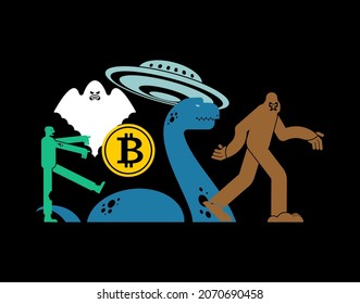 Paranormal object Concept. Bitcoin and zombies. UFO and Yeti. Loch Ness monster and ghost. electronic currency vector illustration