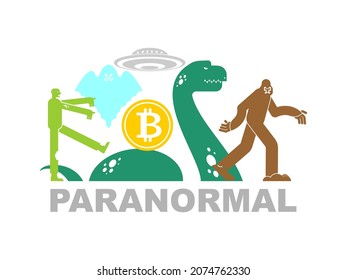 Concepto de objeto paranormal. Bitcoin y zombies. OVNI y Yeti. Loch Ness monstruo y fantasma. ilustración de vector de moneda electrónica