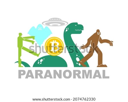 Paranormal object Concept. Bitcoin and zombies. UFO and Yeti. Loch Ness monster and ghost. electronic currency vector illustration