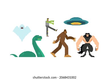 Paranormal pixel art. Werewolf and zombies 8 bit. pixelated UFO and Yeti. Loch Ness monster and ghost. Retro computer game graphics