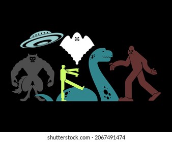 Paranormal set of monsters. Werewolf and zombies. UFO and Yeti. Loch Ness monster and ghost
