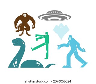 Paranormal set of monsters. Werewolf and zombies. UFO and Yeti. Loch Ness monster and ghost