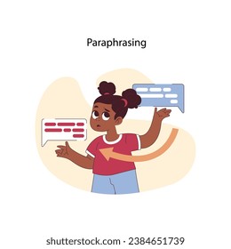 Paraphrasing concept. Young girl compares two messages, showcasing the skill of rephrasing. Effective communication, simplification. Thinking process, understanding language. Flat vector illustration