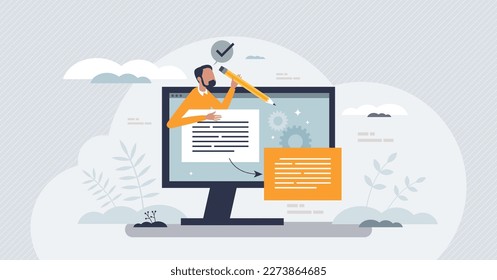 Paraphrasing tool with text conversion to different words tiny person concept. Content restatement with online digital software service for plagiarism vector illustration. Information copy paste.