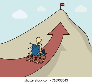 Paraplegic with his wheelchair racing to the top of the mountain. Vector illustration for determination, strength, healthy lifestyle, motivation and persistence concepts.