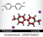 Paraquat, methyl viologen  molecule. It is herbicide, pesticide. Structural chemical formula and molecule model. Vector illustration